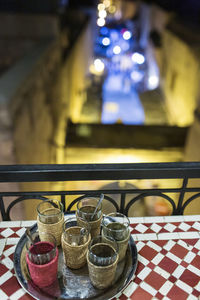 Glass of wine glasses on table at restaurant