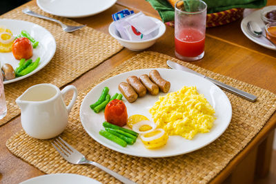 High angle view of breakfast served on table