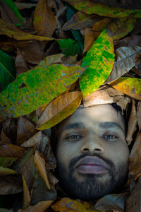 Close-up portrait of young man with leaves
