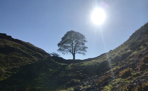 Low angle view of mountains against sky on sunny day