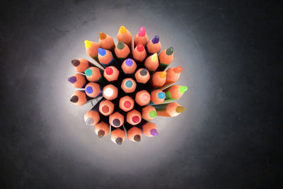 High angle view of multi colored pencils