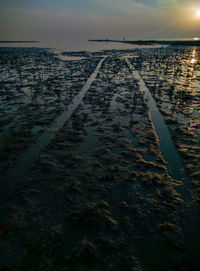 Scenic view of beach against sky during sunset