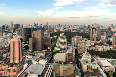 Bangkok city - aerial view  bangkok city urban downtown on blue sky background , city scape thailand