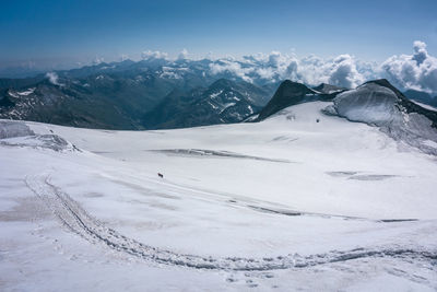 Scenic view of snow covered mountains against sky