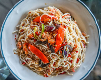 High angle view of noodles served in plate