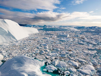 Aerial view of snow covered mountains against sky