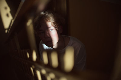 High angle view of woman at staircase