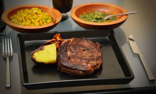 High angle view of food in plate on table