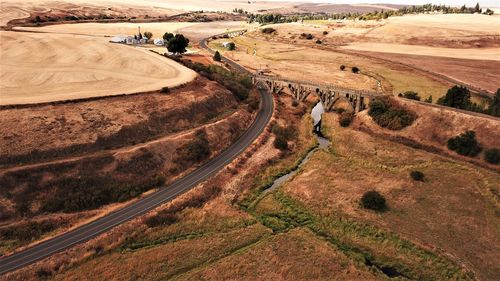 High angle view of road on agricultural field