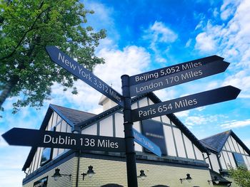 Low angle view of signboard against sky