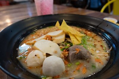 High angle view of soup in bowl on table