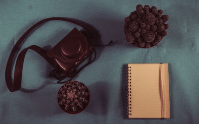 High angle view of books on table