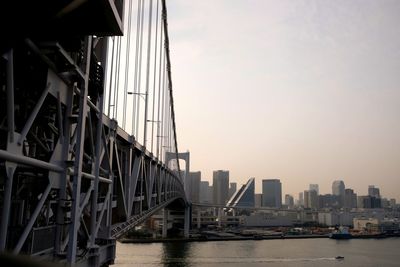 Bridge over river by buildings against sky