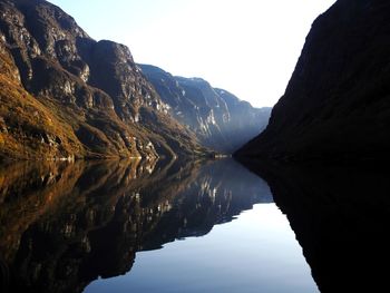 Scenic view of lake and mountains against clear sky