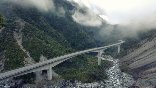 Bridge over road against mountains