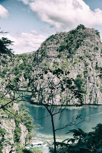 Scenic view of lake by trees against sky