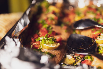 Close-up of meal served on table