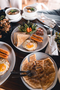 High angle view of food served on table