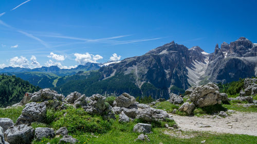 Scenic view of rocky mountains against blue sky