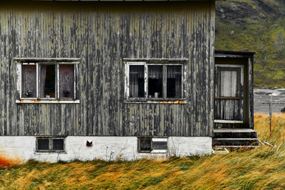 Exterior of old damaged cabin at the coast in vinstad moskenesoya lofoten islands in norway