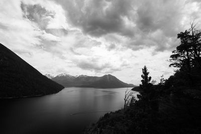 Scenic view of lake and mountains against sky