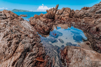 Rock formations in sea against sky