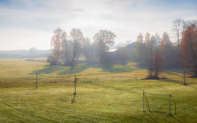 Small, local football pitch surrounded by trees. football gates and volleyball net 