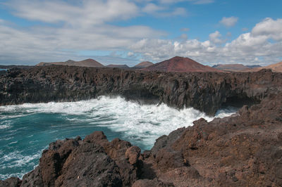 Panoramic view of rocks on land against sky