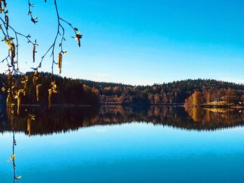 Scenic view of lake against clear blue sky