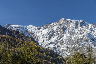 Scenic view of snowcapped mountains against clear blue sky