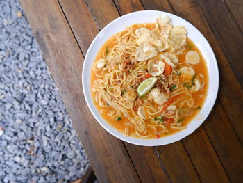 High angle view of pasta in bowl on table