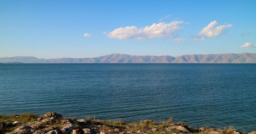 Panoramic view of lake sevan, world's second largest freshwater lake in gegharkunik of armenia