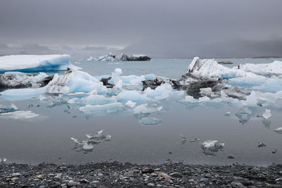 View of ice in lake against sky