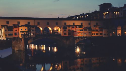 Bridge over river by illuminated buildings in city at dusk