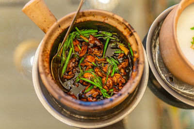 High angle view of vegetables in bowl on table