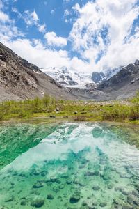 Scenic view of lake and mountains against sky