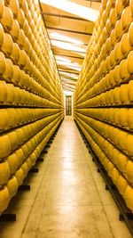 Cheese in shelves at warehouse