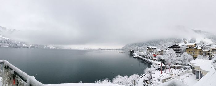 High angle view of frozen lake against sky