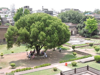 People in park by city against sky