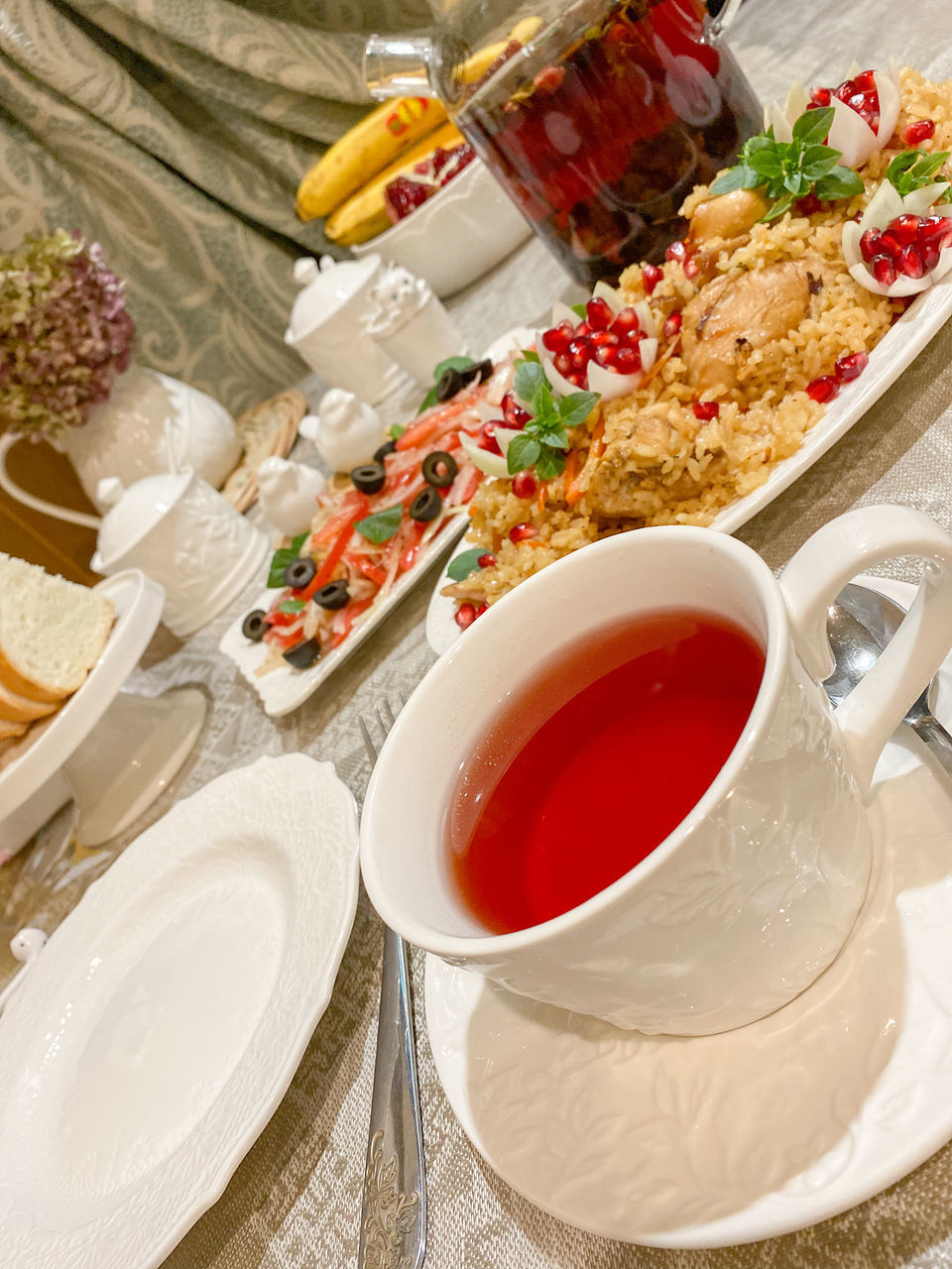 food and drink, food, meal, drink, healthy eating, dish, breakfast, crockery, refreshment, cup, table, plate, high angle view, freshness, lunch, no people, wellbeing, mug, vegetable, hot drink, indoors, tea, fruit, brunch, still life, tableware, tea cup, cuisine, household equipment