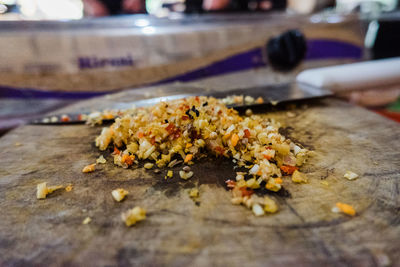 Close-up of chopped food on cutting board during a balinese cooking class in ubud.