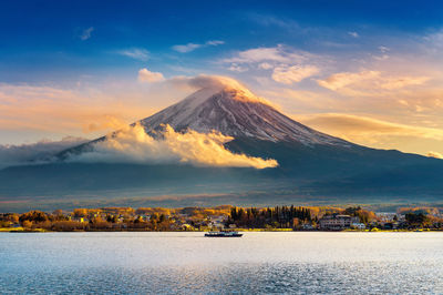 Scenic view of lake and mount fuji against sky during sunset