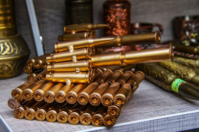 Close-up of ammunition decoration on table