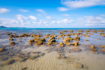 Long exposure shot of sea and the stones on the beach in koh samui.