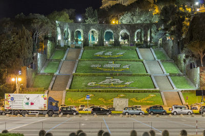 High angle view of cars on road at night