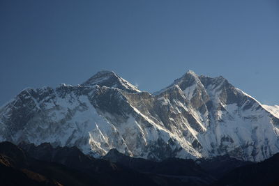 Scenic view of snowcapped mountains against clear blue sky mt. everest