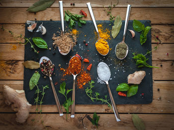 Spices and herbs in spoons on dark background