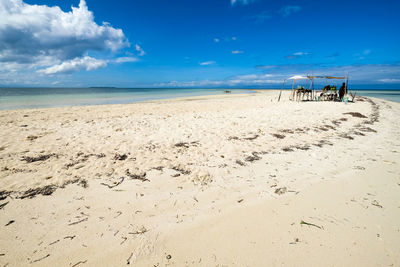 Scenic view of beach against cloudy sky