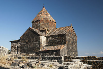 Low angle view of old building against clear blue sky