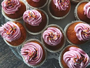 High angle view of cupcakes on table